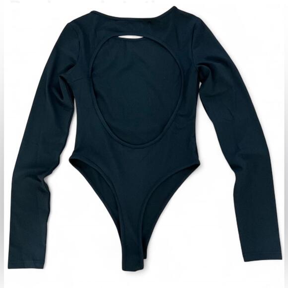 EYE-CATCHING Bodysuit | SZ S | Black Open-Back Cutout Shapewear Long Sleeve Top - Picture 7 of 9